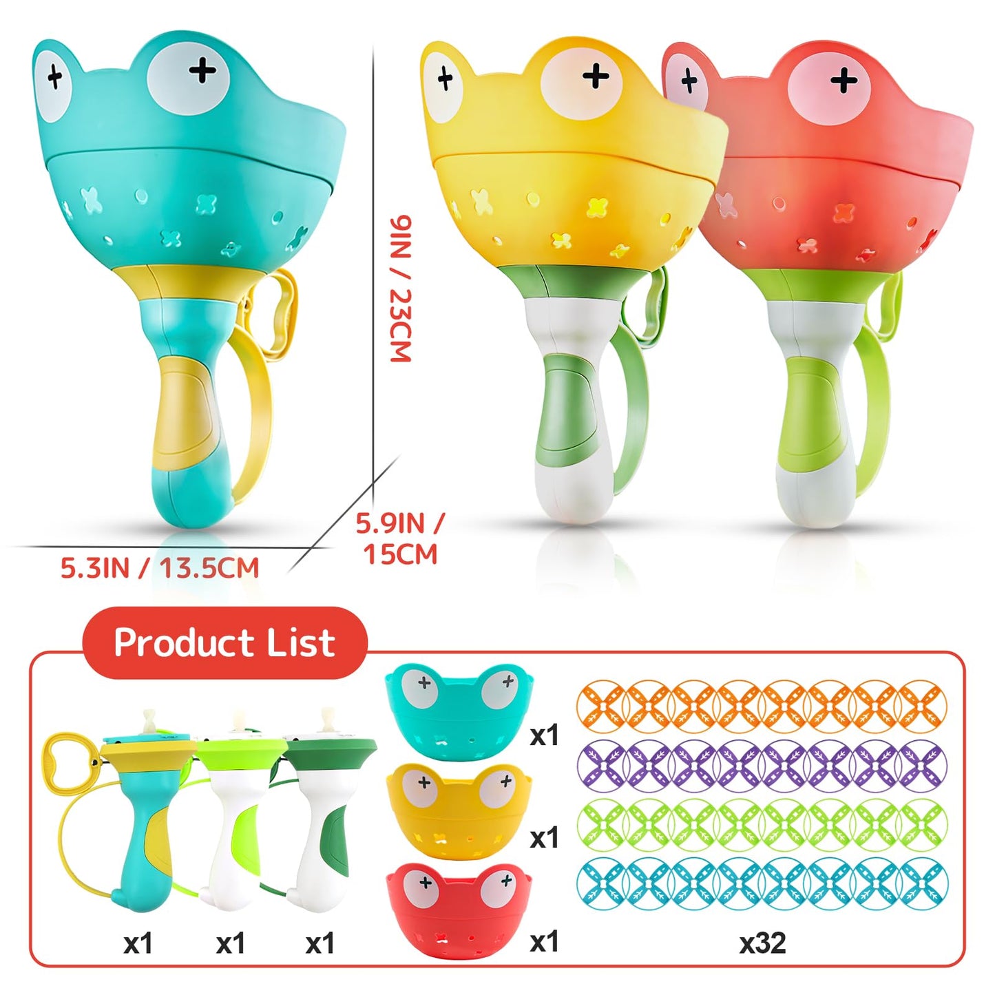 Outdoor toys for kids aged 4-8, including a flying saucer launcher game with 2 packs and 24 discs. Also, propeller toy for kids aged 3-6.