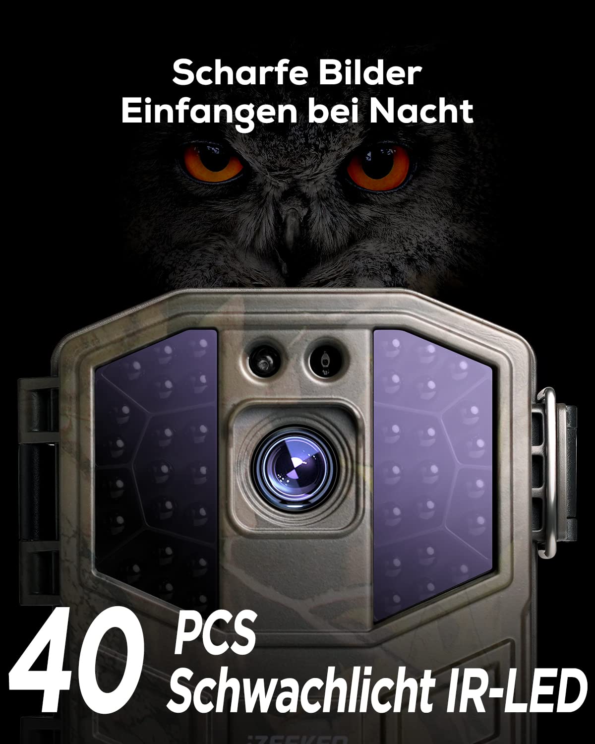 iZEEKER wildlife camera, 4K 48MP 30fps camera with motion sensor night vision wide angle lens 0.1s trigger speed 2s PIR interval IP66 waterproof with 32GB SD card and 4 AA batteries.