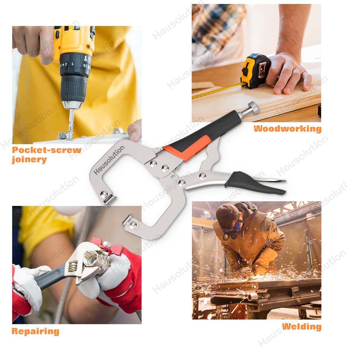 Housolution C-Clamp Set, 3 Pieces Non-Slip Quick Release Clamp Pliers Heavy Duty Vise C Clamp with Swivel Pads Swivel Screws for Cabinets Welding Fast Easy Assembly, Black