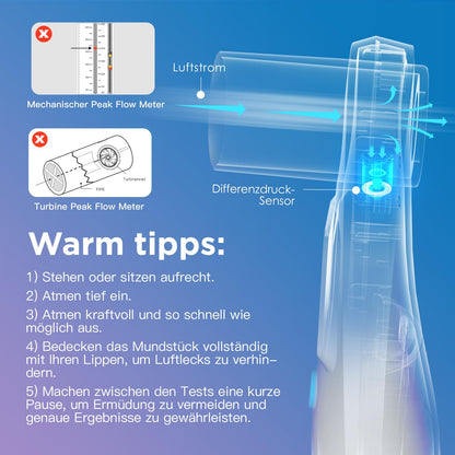 Peak Flow Meter, no Bluetooth, for adults and children to monitor lung function, LCD, digital spirometer for asthma, COPD, PEF & FEV1, risk indicator, diary form.