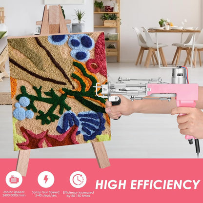 Aomdom Tufting Gun 2 in 1 Electric Tufting Gun with 5-40 steps/s speed and 7-21mm adjustable pile height. Ideal for crafting carpets or clothing in pink color.