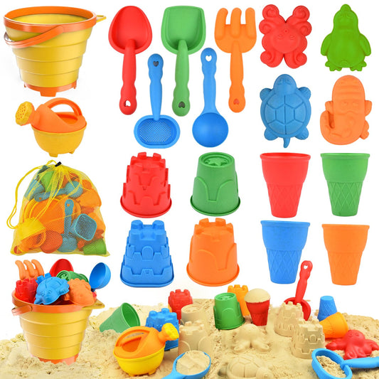 Sotodik 19-Piece Sandbox Toy Set, Travel Sandbox Toy with Folding Bucket for Kids, Sandbox Beach Toys Sand Molds, Outdoor Toys for Boys and Girls Ages 3 4 5 6 7+