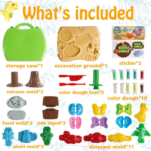 Dinosaur clay set for kids, 37 pieces, Dino clay tools and shapes accessories with volcano and fossils for boys and girls.