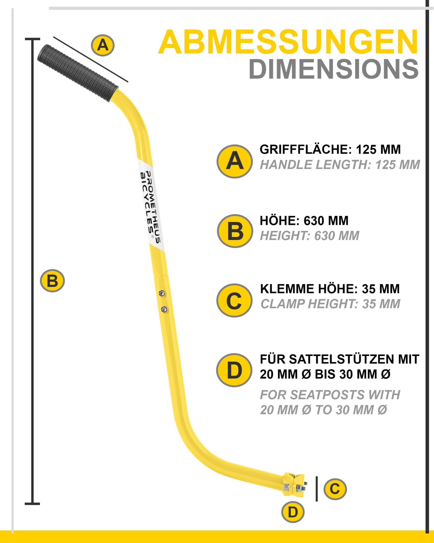 PROMETHEUS BICYCLES kids bike handlebar | push handle for children's bike | universal detachable non-slip sturdy push bar - Yellow