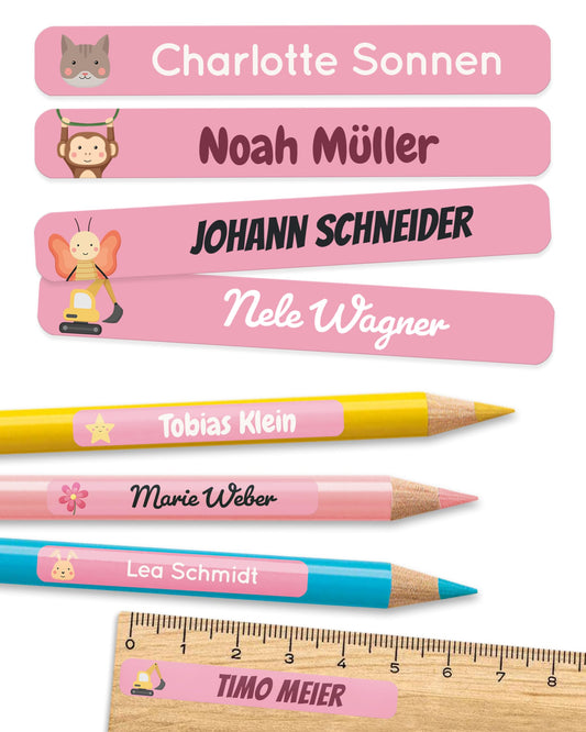 melu kids® Name Stickers for School & Daycare (225 pieces) - Personalized stickers with names for pencils and all school supplies - Water-resistant in dishwasher (Pink)