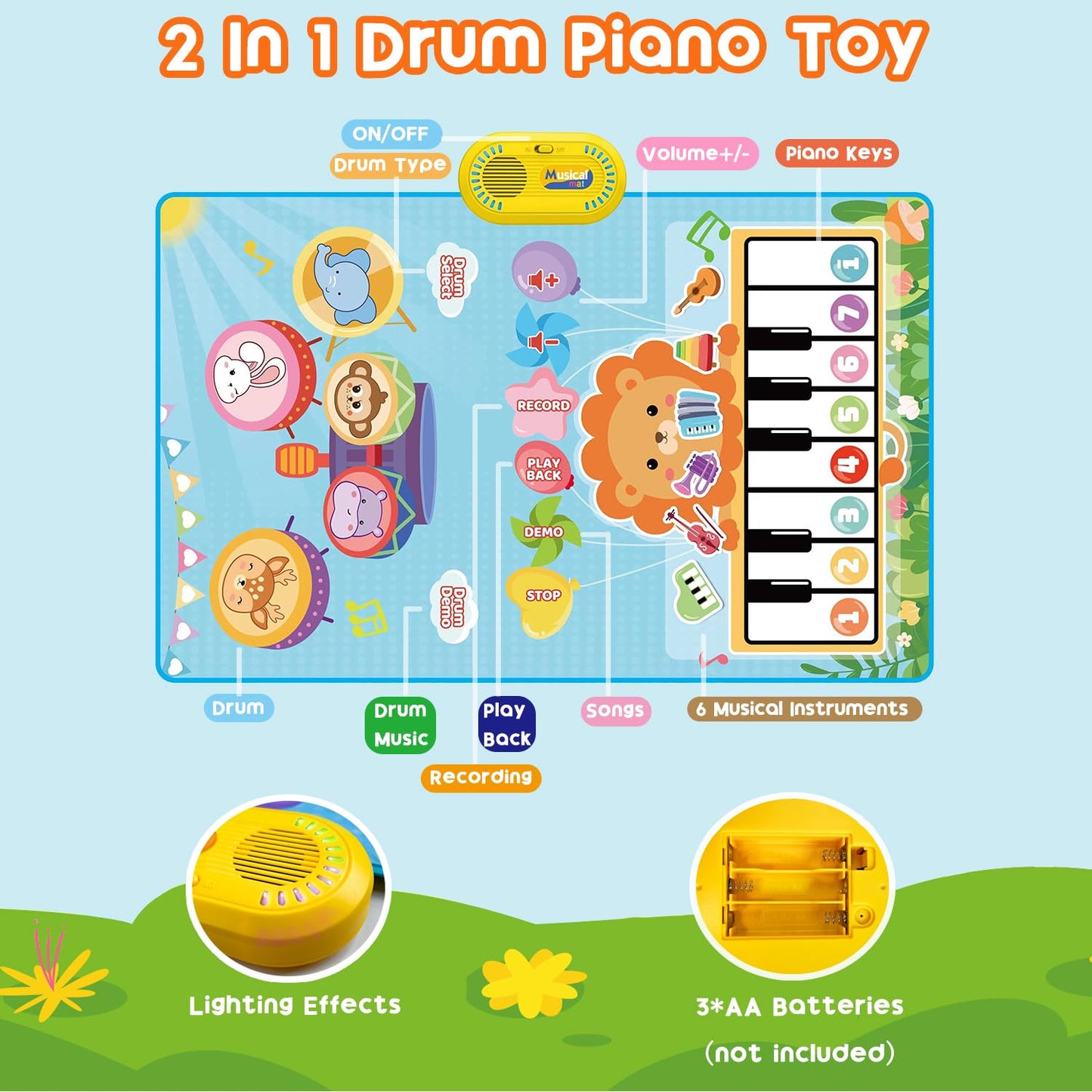 Lobyoh Baby Toys 1 Year, 2-in-1 Music Mat Piano Mat for Toddlers, Drum Toys, Educational Gifts for Boys Girls 1 2 3 4 5 Years