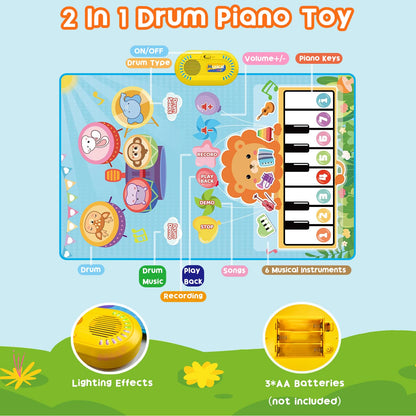 Lobyoh Baby Toys 1 Year, 2-in-1 Music Mat Piano Mat for Toddlers, Drum Toys, Educational Gifts for Boys Girls 1 2 3 4 5 Years