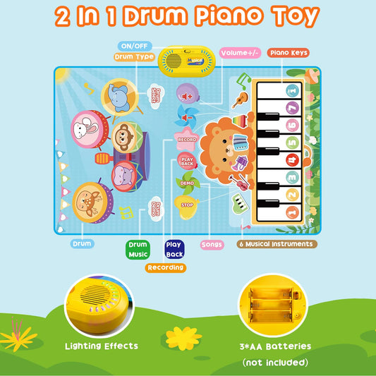 Lobyoh Baby Toys 1 Year, 2-in-1 Music Mat Piano Mat for Toddlers, Drum Toys, Educational Gifts for Boys Girls 1 2 3 4 5 Years