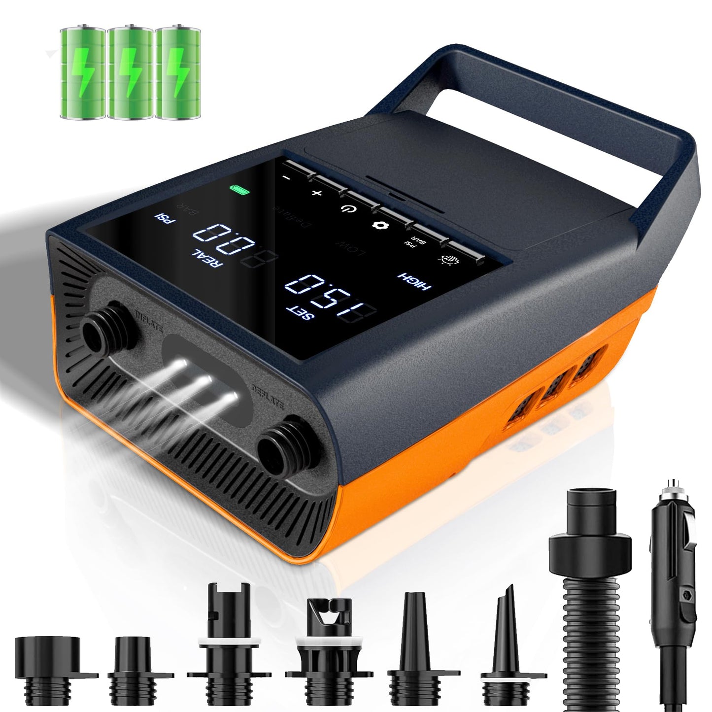 Mojimdo Electric SUP Pump Battery, 20PSI Rechargeable Air Pump, Power Bank and Emergency Light, Auto-Off, 12V DC & Type-C, with 6 Nozzles, for Stand Up Paddle Boards, Kayaks, Tents, Mattresses.