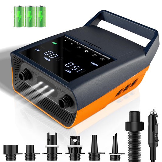 Mojimdo Electric SUP Pump Battery, 20PSI Rechargeable Air Pump, Power Bank and Emergency Light, Auto-Off, 12V DC & Type-C, with 6 Nozzles, for Stand Up Paddle Boards, Kayaks, Tents, Mattresses.