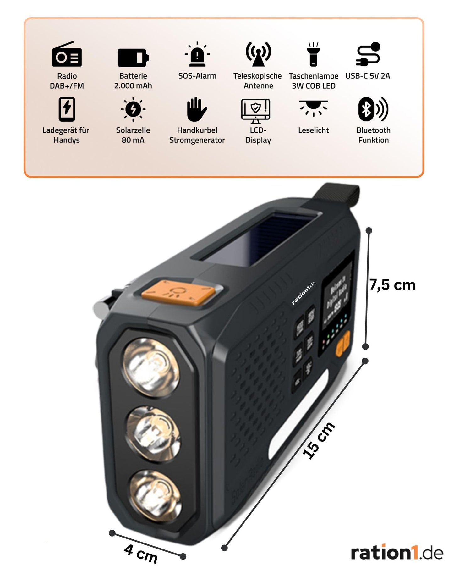 Ration1 crank radio DAB+, portable solar radio with LED flashlight, 2000mAh power bank, hand crank, SOS function, Bluetooth, USB-C, for camping and emergency situations.