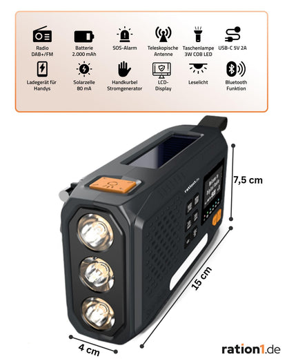 Ration1 crank radio DAB+, portable solar radio with LED flashlight, 2000mAh power bank, hand crank, SOS function, Bluetooth, USB-C, for camping and emergency situations.