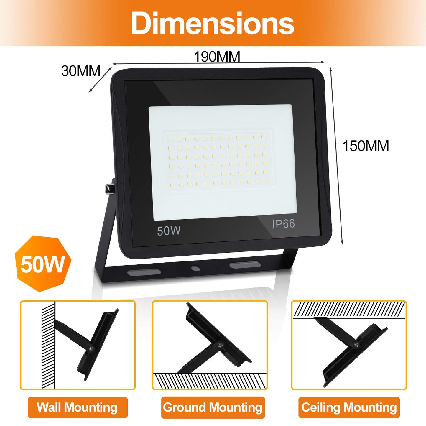Lospitch 10-pack 50W LED spotlight Outdoor, 8500LM Super Bright Outdoor spotlight, IP66 Waterproof LED Floodlight, 3000K Warm White Spotlight Floodlight, Outdoor lamp for courtyards, garage, hotel, sports field, garden.