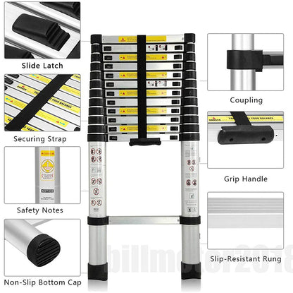 16.4FT Aluminum Telescoping Ladder, portable, multipurpose extension ladder, 330 lbs. maximum load, 13 steps, EN 131 certified, for indoor and outdoor use - 3-year warranty.