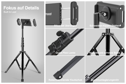 elitehood Aluminum Tablet Tripod Stand - Tablet Stand Adjustable up to 65'' Tripod Stand for iPad Pro 9.7, 10.5, 12.9, Air, Mini, iPhone 4.7-13 inches