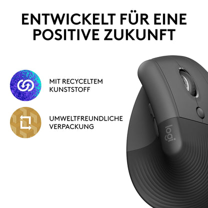 Logitech Lift Vertical Ergonomic Mouse, Wireless, Bluetooth or Logi Bolt USB receiver, Silent clicks, 4 buttons, Compatible with Windows/macOS/iPadOS, Laptop, PC - Graphite
