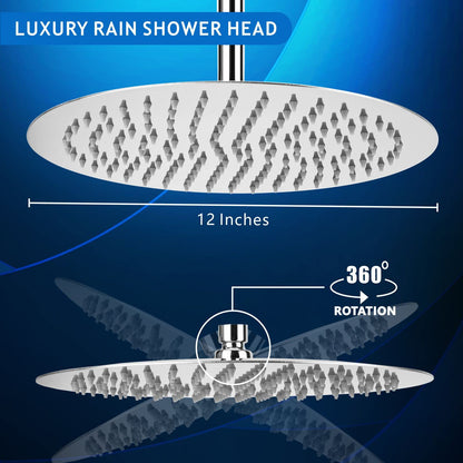 30cm Large Round Rain Shower, Voolan Circular High Pressure Shower Head made of 304 Stainless Steel, Comfortable shower experience even with low water pressure, Installable on wall or ceiling (Chrome)