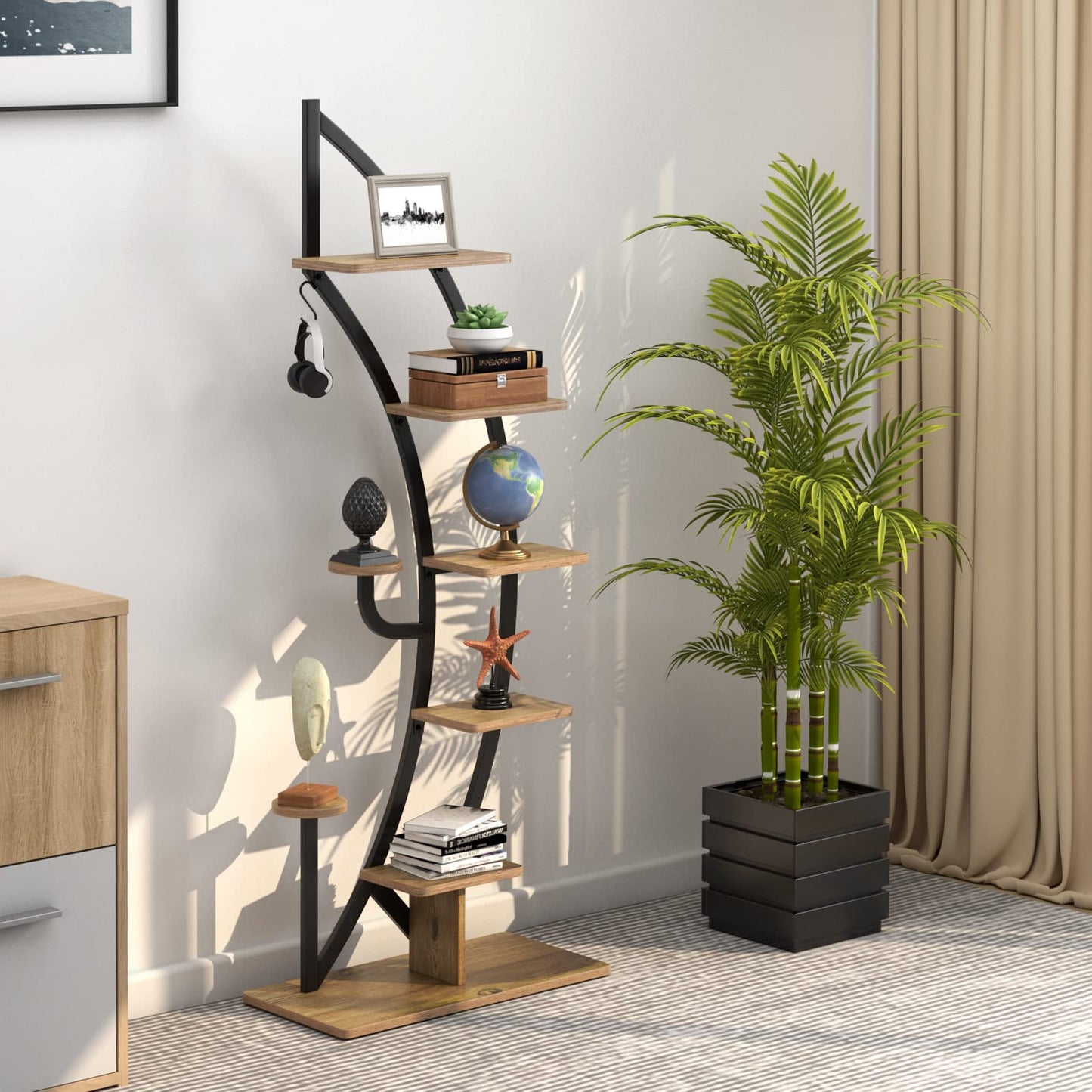GOPLUS 6-tier Flower Stand Metal, half-moon Plant Stand with Shelves & Hooks, Plant Rack Flower Shelf Flower Stairs Plant Stairs for Living Room, Bedroom, Balcony (Brown, 2)