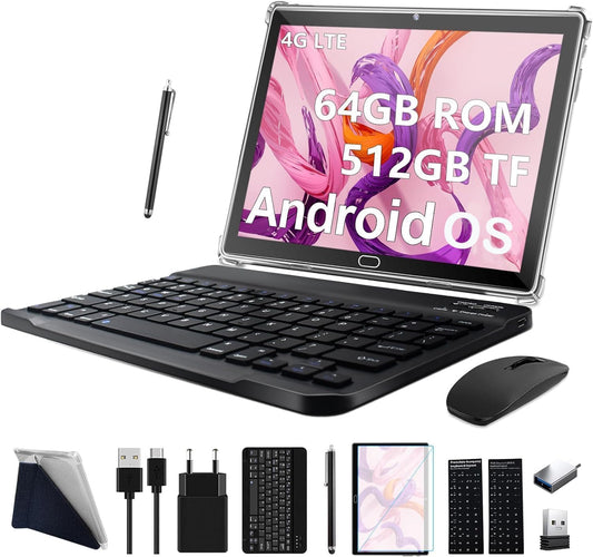 2025 Latest 10 Inch Tablet, 3-in-1 Android Tablet With Keyboard Mouse Pen, 4G LTE Tablets With 2 SIM 1 SD, 64GB ROM 512GB TF-Octa-Core | 1080P FHD | 13MP | 6000mAh | Bluetooth | WLAN GPS Type C-Gray