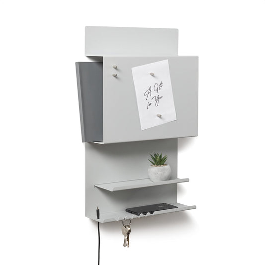 Offer wall organizer Hepe made of steel structure. 30 x 9 x 49 cm 3-in-1 wall shelf with magnetic board and magnets. Board for keys, newspapers, and notes. Gray color.