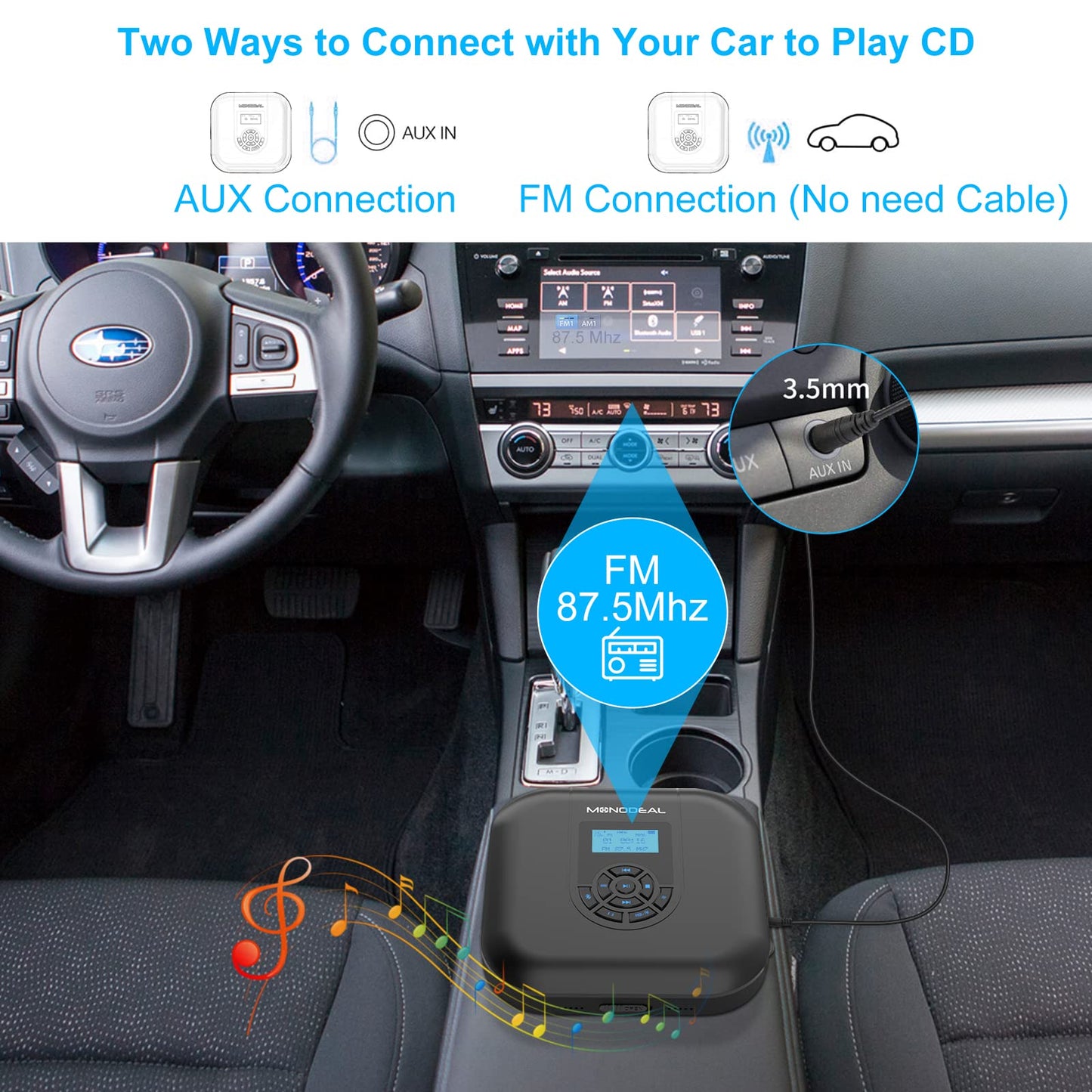 Portable CD Player, MONODEAL Bluetooth Portable, Rechargeable with Speaker and FM Transmitter, Discman CD Player for Car, Anti-Skip small with Headphones