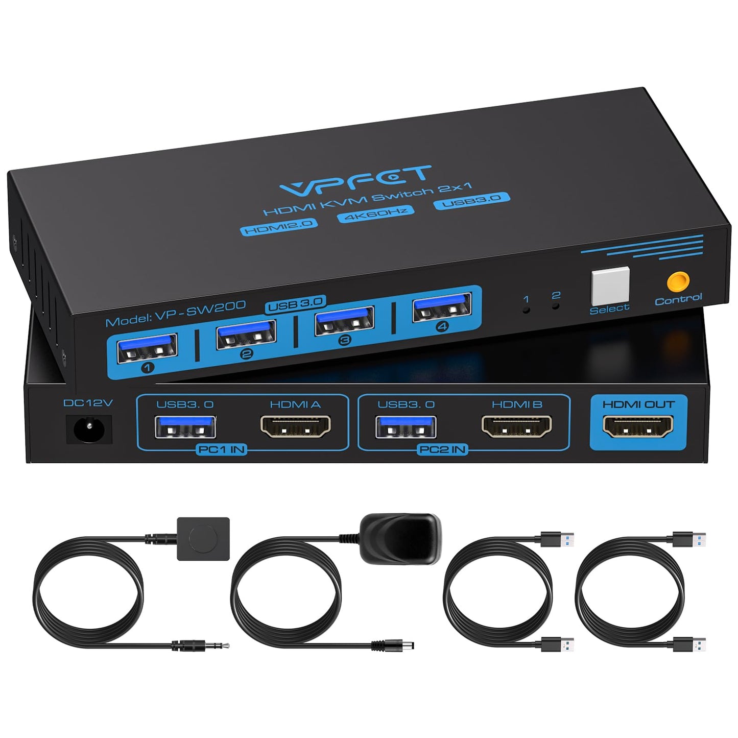 USB 3.0 HDMI KVM Switch 2 PC 1 Monitor 4K60Hz KVM switches for two computers sharing 1 set of mouse, keyboard, U-disk printer, support up to 4 USB devices.