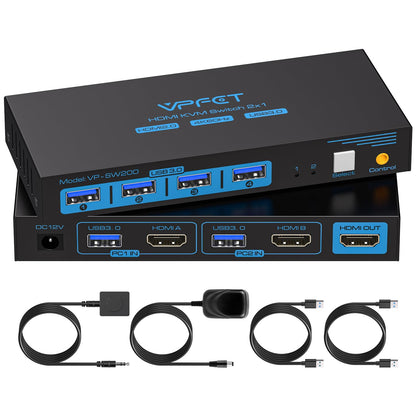 USB 3.0 HDMI KVM Switch 2 PC 1 Monitor 4K60Hz KVM switches for two computers sharing 1 set of mouse, keyboard, U-disk printer, support up to 4 USB devices.