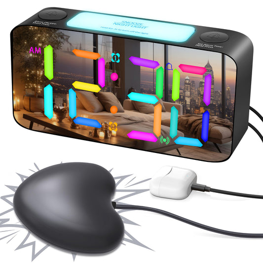 Extremely Loud Vibrating Alarm Clock Bed Shaker for Deaf/Hard of Hearing/Deep Sleepers, RGB Digital Clock for Kids Bedroom, Large Numbers/USB Charger/Nightlight/Auto Off Memory
