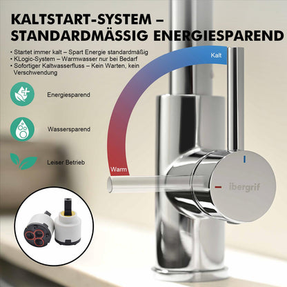 Ibergrif Kitchen Faucet Pull Out Stainless Steel 360° Swivel, Mixer Tap with 3 Spray Modes, 50cm Cold-Warm Water Connection Hoses, Easy Installation, Polished Chrome