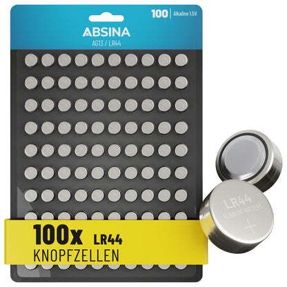 ABSINA AG13 LR44 button cell 100 pack - 1.5V alkaline button cells leak-proof & long-lasting - LR1154 / L1154 / L1154F / G13 / G13A / 13GA / 157 / V13GA / PX76A / RW82 - button batteries