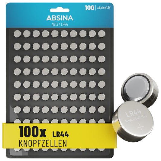 ABSINA AG13 LR44 button cell 100 pack - 1.5V alkaline button cells leak-proof & long-lasting - LR1154 / L1154 / L1154F / G13 / G13A / 13GA / 157 / V13GA / PX76A / RW82 - button batteries