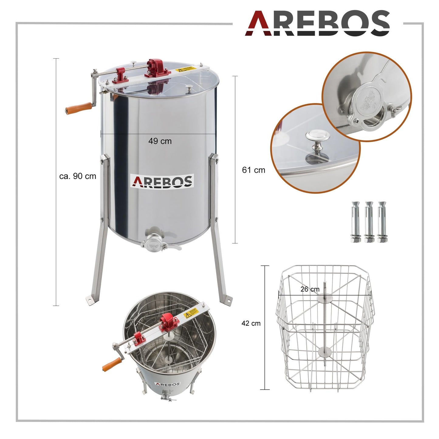 Arebos Premium Manual Honey Extractor | 4 Frame | Tangential Stainless Steel Extractor | Honey Extractor with Lid | Beekeeping and Beekeeper Accessories