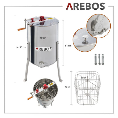 Arebos Premium Manual Honey Extractor | 4 Frame | Tangential Stainless Steel Extractor | Honey Extractor with Lid | Beekeeping and Beekeeper Accessories