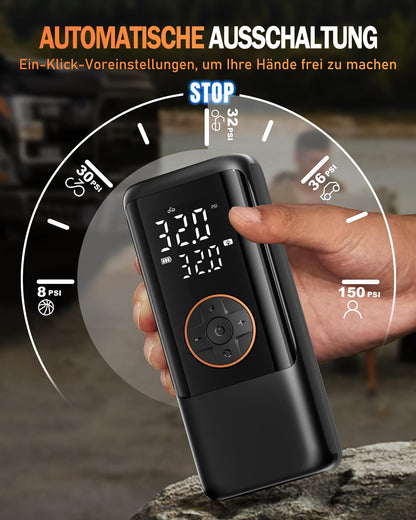 Electric air pump with battery, 150 PSI pump for bike, portable mini compressor with gauge & dual LED display, 12V DC electric tire pump for cars, motorcycles, bikes, and balls.