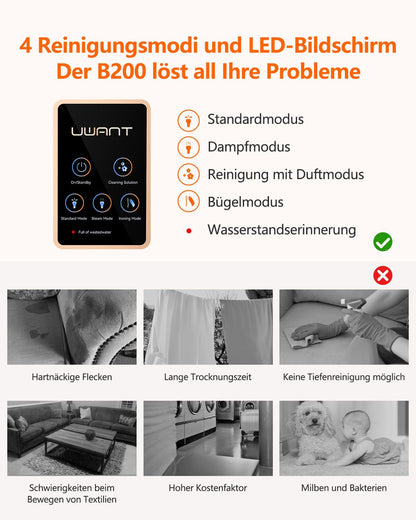 Uwant B200, upholstery cleaner device, 1900W | Steam cleans, scrubs, and sucks | For carpets, sofas, curtains, clothing | 74dB, 12000Pa