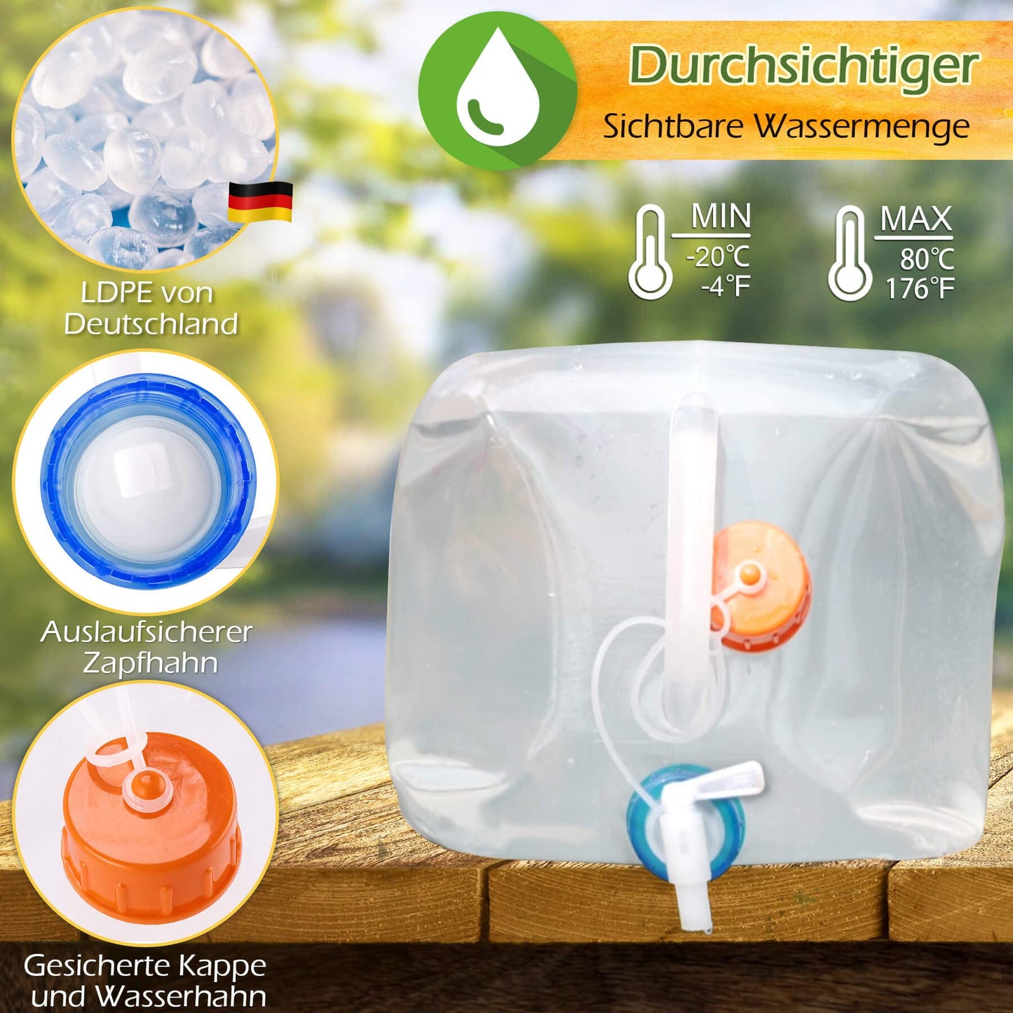 Reinalin collapsible water jug 15L - water tank with tap for camping potable water jug 100% leak-proof - food-safe water canister.