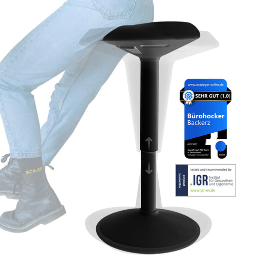 Backerz Ergonomic Stool - Office stool with 55-80 cm height adjustment - Enhance energy and focus at work - Non-slip standing stool with rocking effect - Matte black