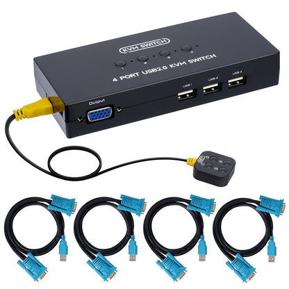 VGA KVM Switch with 4 KVM cables, 4-port switch for sharing 4 PCs with 1 video monitor, keyboard, mouse, printer, scanner.