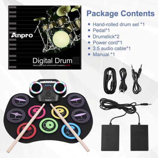 Anpro Nine-Sided Electronic Color Drum Kit, 8PCS Drum Practice Set, portable electric drum, built-in audio with headphone jack, LED color screen, Best Birthday Gift