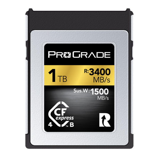 ProGrade Digital CFexpress 4.0 Type B memory card for cameras, designed for fast file transfer and large storage capacity, 1TB Gold Series.