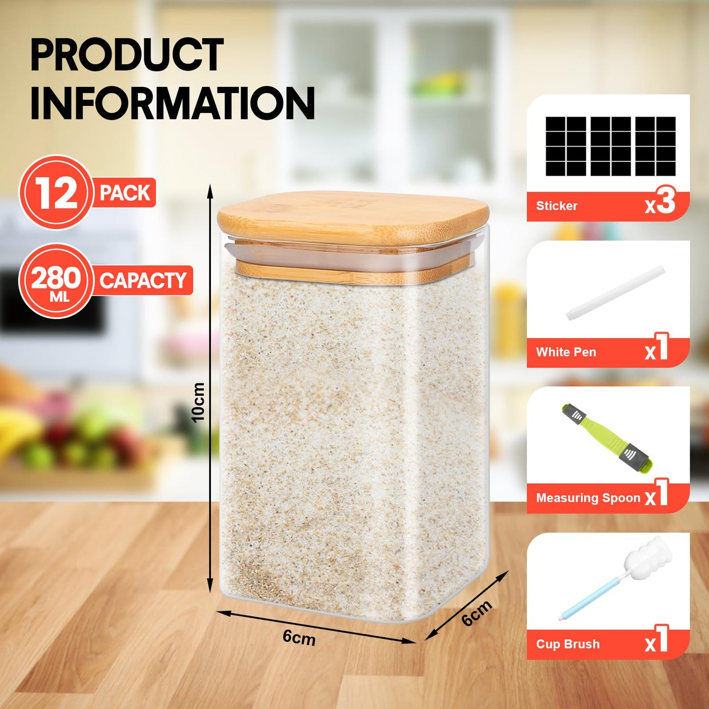 YUTUY Glass Storage Jars 12-Piece Set,Square Glass Jars with Lid,Glass Containers with Wooden Lid for spices, herbs, muesli, beans.