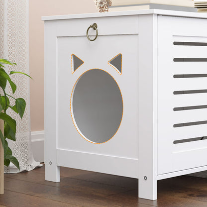 HOOBRO Cat Litter Box Cabinet, Wooden Cat Litter Box with Blinds Style Inside, Cute Cat Head Shaped Door Entry, 60 x 45 x 50 cm, White EWT60MW01