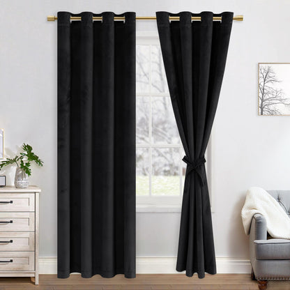 JIUZHEN Velvet Blackout Curtains, 2 pieces soft opaque drapes with grommets for bedroom, 140x225cm (width x height), Black