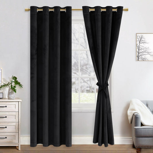 JIUZHEN Velvet Blackout Curtains, 2 pieces soft opaque drapes with grommets for bedroom, 140x225cm (width x height), Black