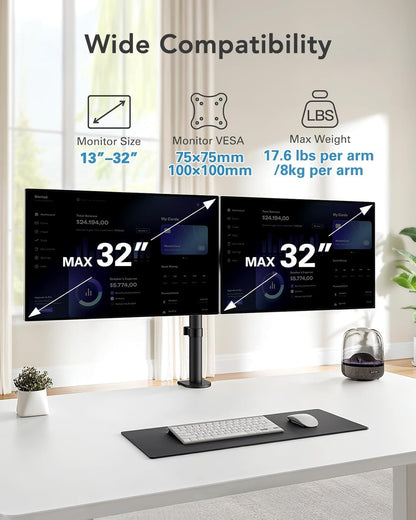 HUANUO dual monitor stand for 13 to 32 inch screens, height adjustable, tilt, swivel, rotate, extended arm for two monitors, VESA 75/100.