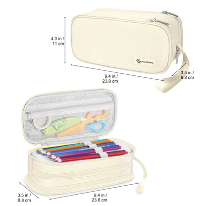 FINPAC Pencil Case - Large capacity pencil pouch with 3 compartments, perfect for school & office use. (Beige)