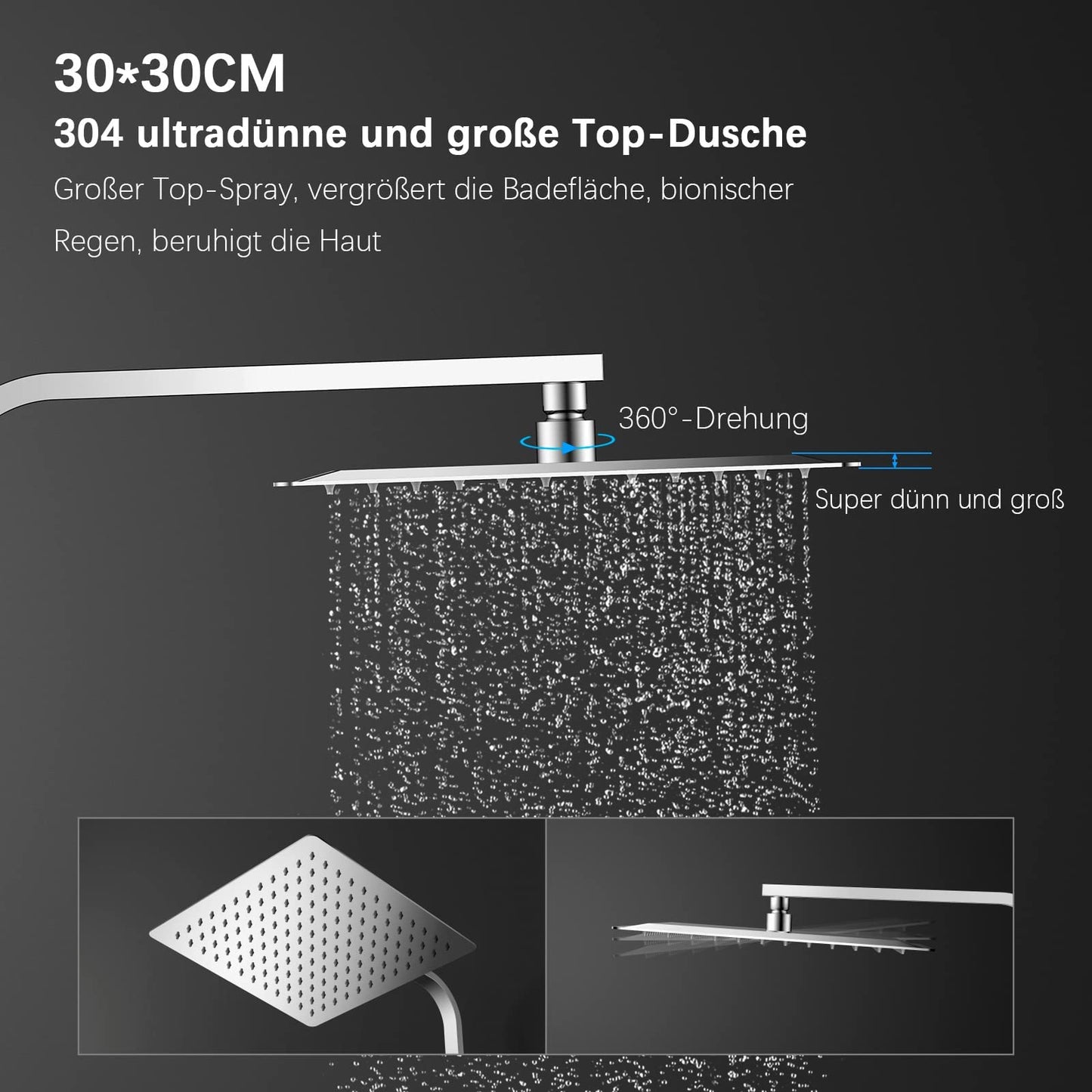 KOMIRO shower system without faucet, rain shower without faucet, shower set with 30x30cm shower head, hand shower with 3 spray modes, stainless steel height-adjustable shower bar, square.