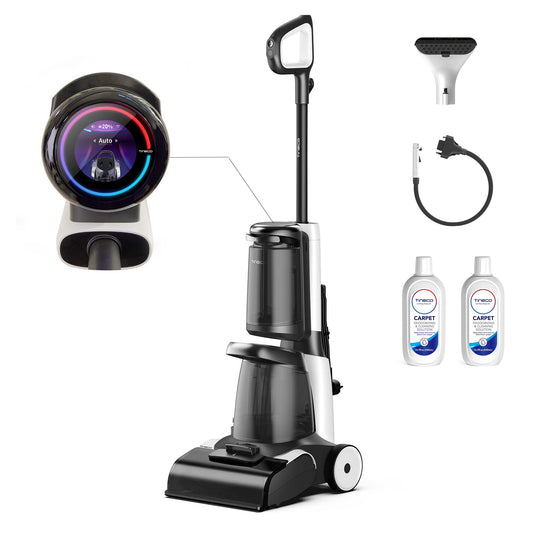 Tineco CARPET ONE PRO Smart Carpet Cleaner and Upholstery Tool, LCD display, lightweight, portable, fast drying, app connectivity.
