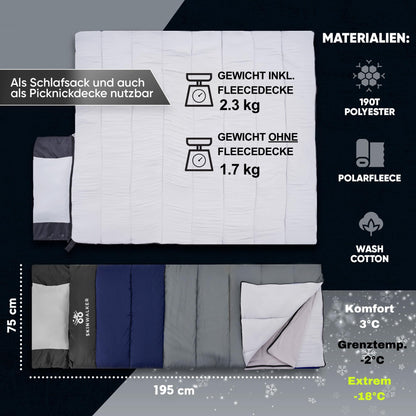 SkinWalker sleeping bag [Small size up to 1.65m height] 3-4 seasons with detachable polar fleece + pillow [-18°C to +15°C] Winter + Summer mummy sleeping bag for camping youth (blue-gray)