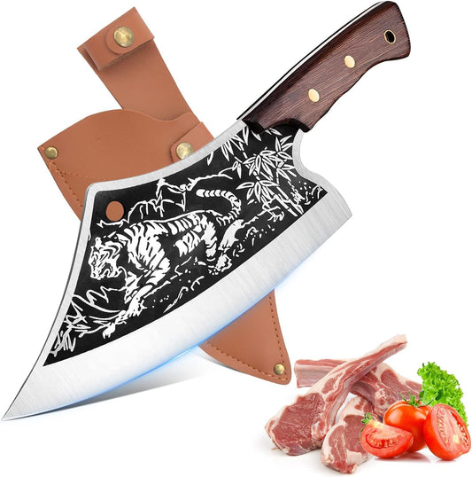 iPatio Japanese knife kitchen knife professional knife, Original Japanese chef's knife in damascus steel, cleaver boning knife with leather sheath, kitchen knife outdoor knife for kitchen camping BBQ.